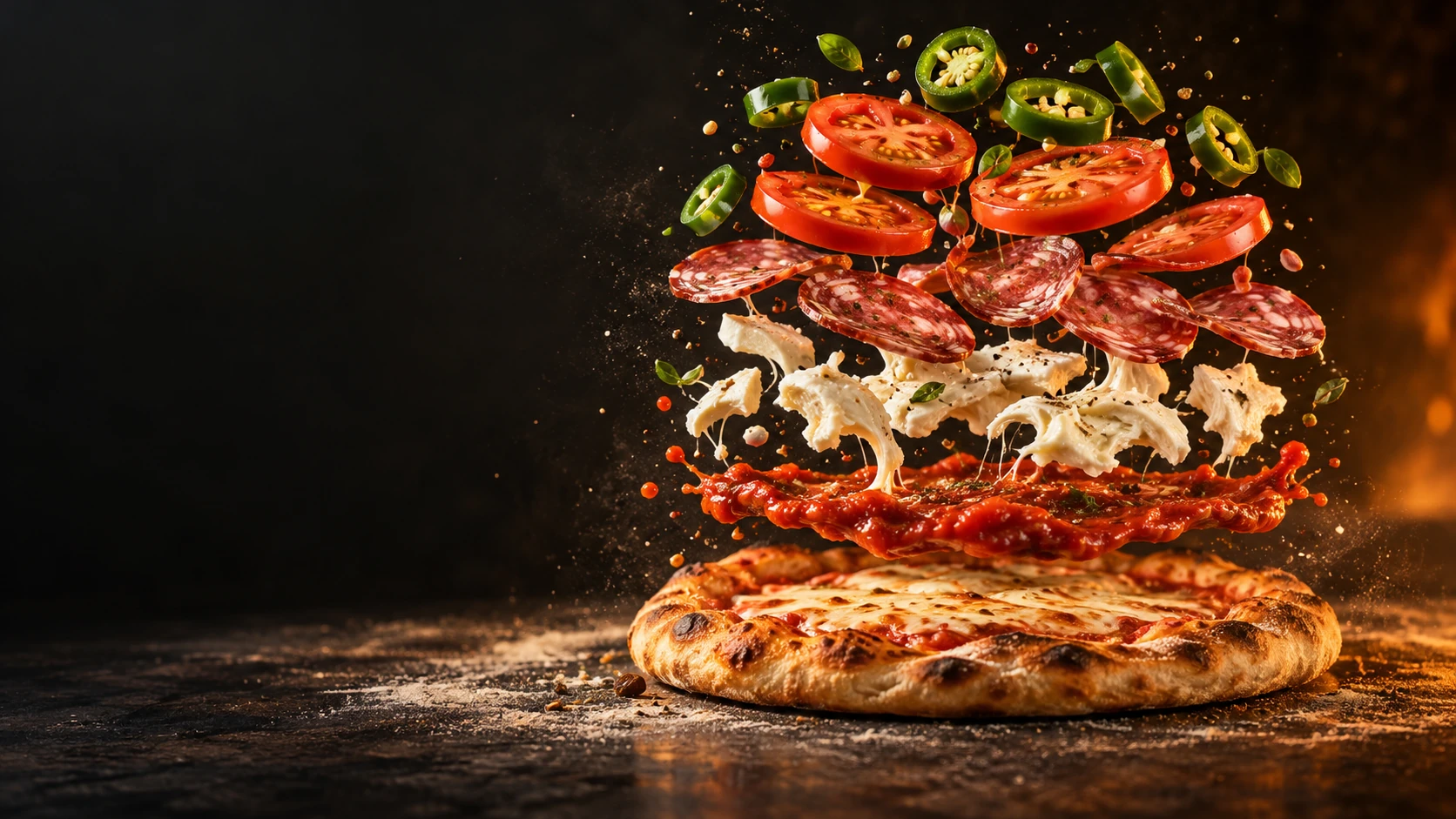 Künstlerische Explosionsansicht einer Pizza mit schwebenden Zutaten